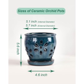 vensovo 5 Inch Ceramic Orchid Pots with Holes and Saucers - 1 Pcs Small Ceramic Orchid Planter Pots for Repotting, Plant Garden Pots for Orchid Indoor and Outdoor Promotes Air Circulation, Blue