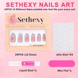 Sethexy Pink Cat Eye Press On Nails Medium Coffin Gradient False Nails with Design 24PCS Glossy Full Cover Art Fake Nail for Women and Girls (1)