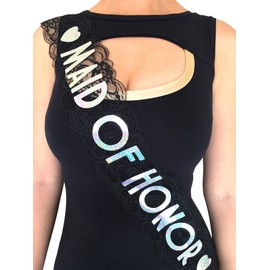 Bridesmaid Lace Sash - Maid of Honor Lace Sash - Perfect for Bachelorette Party, Bridal Shower & Wedding Party (Maid of Honor, Black & Silver)