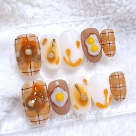 Egg and Pancake Homemade Nail Tips - Stiletto / 계란과 팬케이크 수제네일팁 - 스틸레토