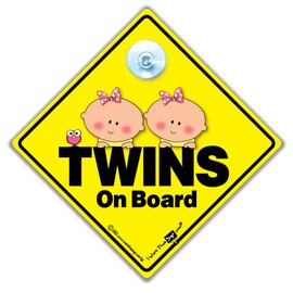 Twins On Board Sign Baby Girls, Baby On Board Sign, Peeping Twins On Board Car Sign, Advisory Car Sign Designed to Let Other Road Users Baby is in The Car, 14 cm x 14cm x 2cm