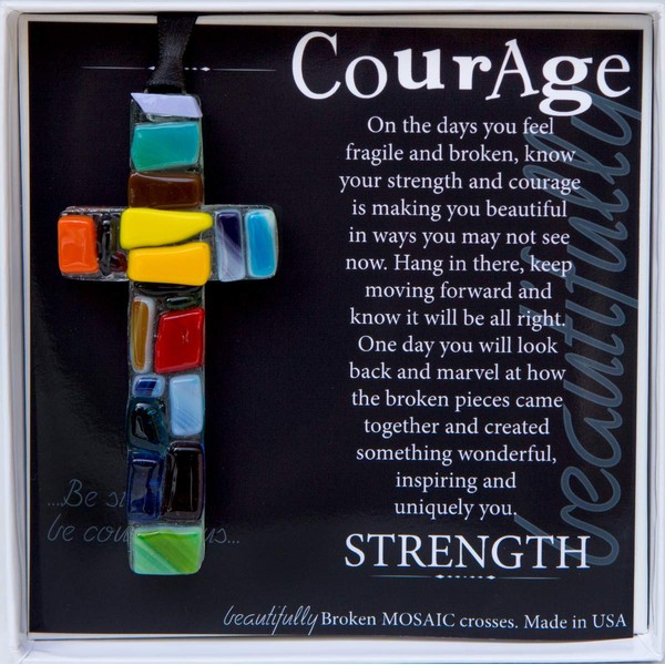 Handmade in USA Glass Cross With "Courage" Message - Get Well Soon Gift for Cancer Patients/Encouragement Gift for Hard Times/Miscarriage Gift For Mom