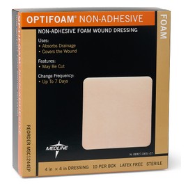 Medline Optifoam Non-Adhesive Foam Dressings, Sterile, 4" x 4" (Pack of 10)