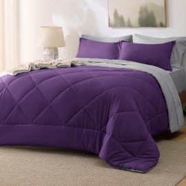 Bedsure Full Size Comforter Set - 7 Pieces Reversible Purple Bedding, Full Size Bed Set for All Seasons, Bed in a Bag with Down Alternative Comforter, Sheets, Pillowcases & Shams