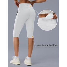 Emlovm Women's Yoga Capris Knee Length Leggings High Waist Tummy Control Long Biker Shorts with Pockets for Exercise Casual White X-Large