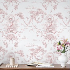 CiCiwind Peel and Stick Wallpaper Pink and White Wallpaper Vintage Toile Wall Paper for Bathroom Bedroom Living Room French Self Adhesive Removable Contact Paper for Cabinets 17.3"×78.7" Vinyl Rolls