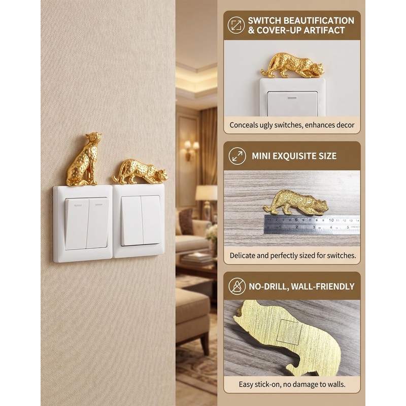 2 Pack 3D Resin Gold Cheetah Light Switch Wall Decor