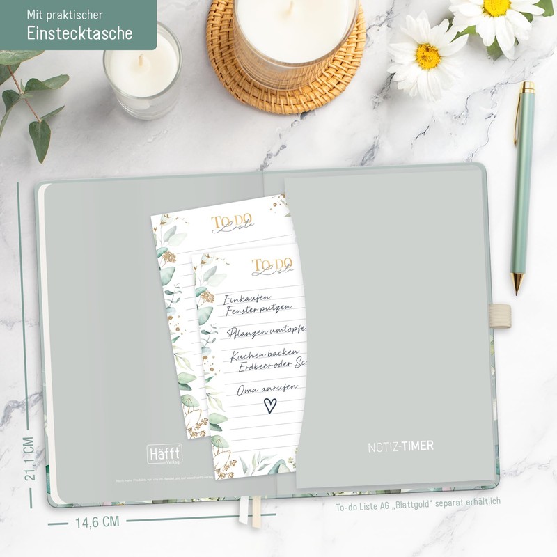 Häfft® Wochen-Notiz-Kalender 2026 A5 "Minty Leaves" Buchkalender, Planer Notiz-Timer, Terminplaner,