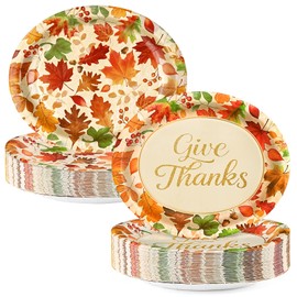 50 PCS Thanksgiving Oval Paper Plates Disposable, Fall Paper Plates, Large 12.5" x 10.5" Maple Leaf Autumn Dinner Plate, Disposable Fall Party Supplies Thanksgiving Autumn Harvest Table Decor