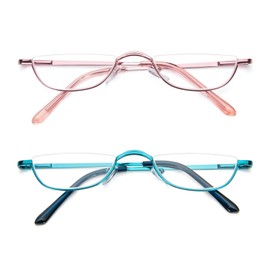 KoKoBin Half Reading Glasses,2 Pack Half Rim Metal Frame Glasses Spring Hinge Readers with Leather Pouch for Men and Women (Blue+Pink,1.50)