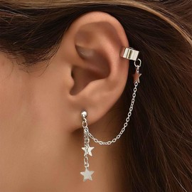 Aneneiceera Boho Star Cuff Chain Earrings Silver Star Tassel Chain Earrings Star Long Chain Drop Earrings Vintage Star Chain Cartilage Chain Earrings Jewelry for Women (Silver)