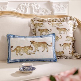 patdrea Designer Throw Pillow Covers for Couch 18"x18",Vintage Linen Pillows Cover with Cheetah Pattern and Luxury Ruffle,Farmhouse Decorative Pillowcases for Bed Living Room Outdoor Set of 2