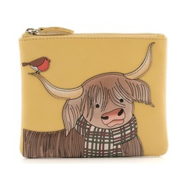 Callum Highland Cow & Robin RFID Leather Coin & Card Purse - Mala Leather (Yellow)