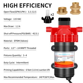 33-Series Water Pressure Pump - 115V AC, 4.0GPM, 50 PSI, Self Priming, Smart Pressure Switch, for RV, Caravan, Off-Grid, Marine, and Industrial Use