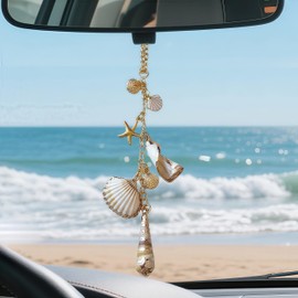 Cxtiy Coastal Car Charm for Women, Sea Shell Rearview Mirror Hanging Accessories - Cute Beachy Decor Ornament, Aesthetic Girly Car Accessories Interior (Gold)