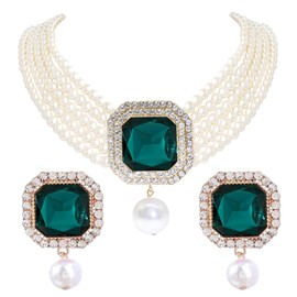 Elegant Layered Simulated Pearl Crystal Necklace Earrings Set for Women Rhinestone Diamond Pearl Choker Collar Neckalce Wedding Jewelry