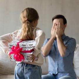 LeZakaa Dad's Birthday Wrapping Paper Roll, Happy Birthday Dad Lettering & Blue Bow Tie Design Gift Wrap for Father's Birthday, Father’s Day，for Men, Male, Mini Roll, 17 inches x 16.4 Feet