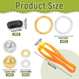 Pack of 4 Magnetic Acupressure Balls & 10 Acupressure Ring & 4 Acupressure Bracelet & 2 Acupressure Clips & 1 Finger Massage Roller, 32 mm Metal Hedgehog Ball, Massage Rings for Fingers for Stress