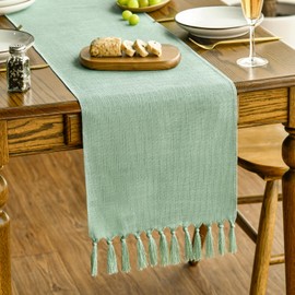Artoid Mode Sage Green Country House Style Tassels Table Runner, Washable Kitchen Table Decoration Party Birthday Wedding Decor 33 x 143 cm
