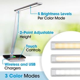 OttLite Entice LED Desk Lamp with Wireless Charger & USB, Book Light, Desk Light, Reading Light, Foldable Arm & Shade, Touch Controls, 3 Color Temperatures, ClearSun LED, Great Lamps for Home Office