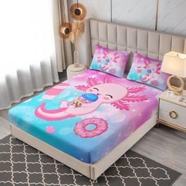 UEVBF Cartoon Axolotl Bed Set Twin Fitted Sheet Set,Kawaii Milk Tea Donut Stars Bedding for Kids Girls Room Decor,Pink Animal Themed Bedding Set,1 Fitted Sheet+2 Pillowcases.