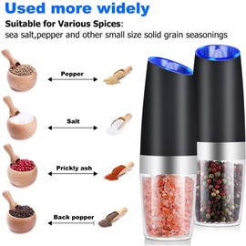 Electric Gravity Salt and Pepper Grinder Grinder, Refillable Automatic One-Hand Operated Pepper and Salt Mill Set with Adjustable Coarseness and LED light, Battery-Operated 2 Pack Black