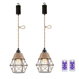 EcoGehen 2X Battery Operated Pendant Lights Kitchen Island Chandelier for Outdoor Gazebo Hanging Lamp with Remote LED Bulbs Bohemian Decor for Plant Shelf Shelves Porch Bedroom Living Room Corner