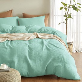 Boqingzhu Double Bed Linen Mint Green 135 x 200 cm Muslin Cotton Soft Cuddly Summer Cotton Bed Linen Set Linen Light Green Duvet Cover 135 x 200 cm and Pillowcase 80 x 80 cm with Zip