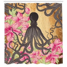 Ambesonne Octopus Shower Curtain, Kraken Roses Leaves Tentacles Vintage Antiqued Sea Life Theme, Cloth Fabric Bathroom Decor Set with Hooks, 75" Long, Pink Charcoal