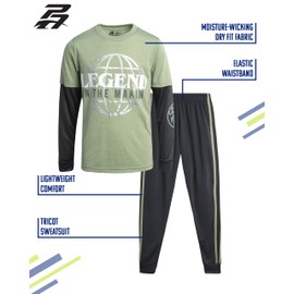 Pro Athlete Boys Pant Set - 2 Piece Tracksuit with Short Sleeve Graphic Tee and Tricot Jogger Sweatpants for Boys (8-16), Size 14-16, Sage/Grey Legend