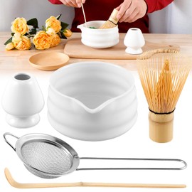 5 Pieces Matcha Tea Set, Matcha Whisk Set Cute Whisk and Bowl with Spout, Matcha Whisk Holder, Matcha Spoon, Stainless Sifter, Perfect Matcha Kit for Matcha Lover (White)