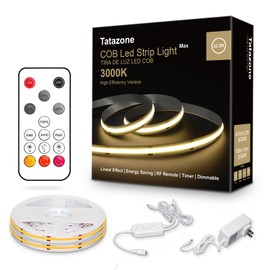 Tatazone 32.8ft 3000K Bright COB LED Strip Light, Dimmable, Warm White, Indoor, RF Remote, Adhesive, for Living Room, Shelf, Cabinet, Kitchen, 2 Rolls of 16.4ft