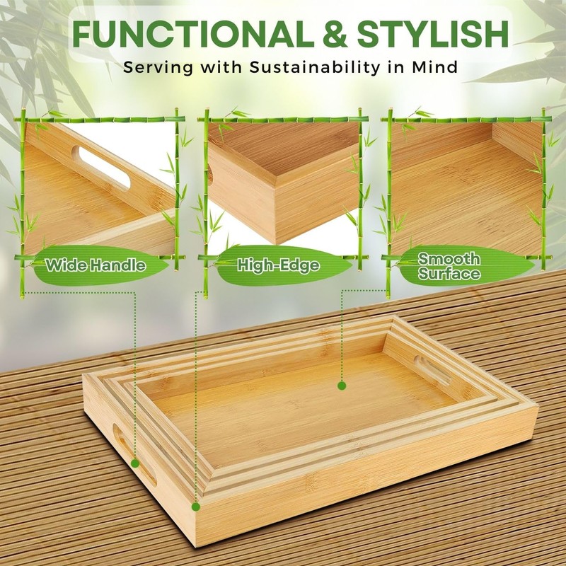 Flexzion Bamboo Trays for Serving Food - 3 Pack Bamboo