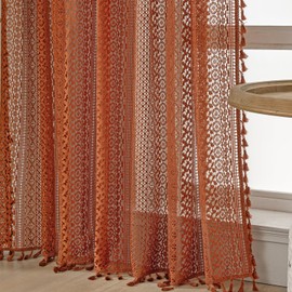 WAZZIO Burnt Orange Kitchen Curtains Sheer Curtains 45 Inch Length Bedroom Curtains Short Small Cafe Curtains Rod Pocket Vintage Fall Privacy Let Light in Cotton Lace Boho Curtain 2 Panel,Terracotta