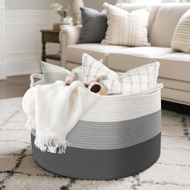 Maliton Large Blanket Basket, 22" X 22" X 14" Woven Baskets for storage Baby Laundry Hamper, Cotton Rope Blanket Basket for Living Room, Laundry, Nursery, Pillows, Clothes, Baby Toy chest (White&Grey)