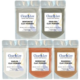 ClearLee Cosmetic Grade Clay Powders Variety Pack - Kaolin, Bentonite, Dead Sea, Moroccan, Rhassoul Clay - 5 Pack - 100% Pure Natural Powder - Great for Sampling and Discovering Best Clay for Skin