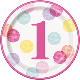 Unique 73285EU Eco-Friendly Paper Plates-23 cm-Pink Dots 1st Birthday Party-8 Count (Pack of 1), 23 Centimeters