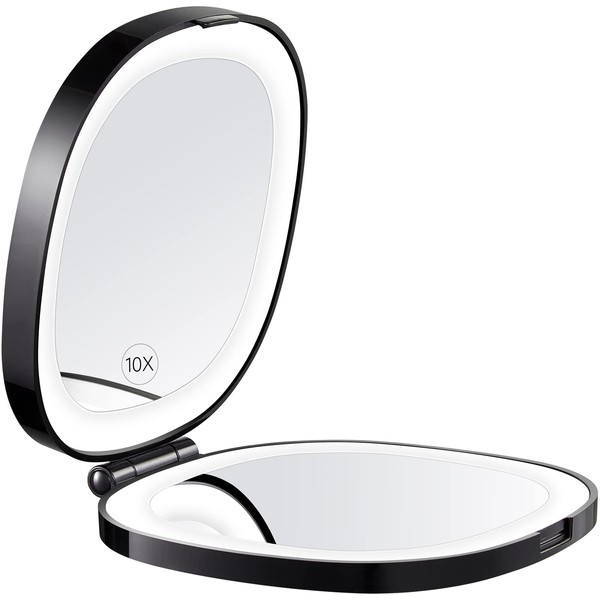 KEDSUM Espejo de maquillaje de viaje iluminado, espejo compacto de aumento 1X/10X con luces LED recargables, espejo plegable de doble cara, portátil, grande, luz de día, carga USB (negro)
