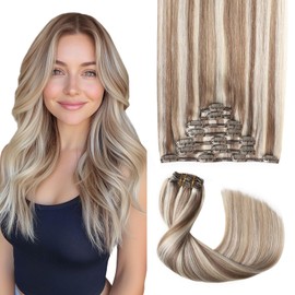 Sweetmet Pro2.0 Clip in Hair Extensions Real Human Hair 22inch 7pcs #8p60 Brown Highlights Platinum Blonde Real Hair Extensions Clip in Human Hair Double Weft 120g（#8p60-22inch）