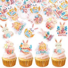56 Pcs Easter Edible Cupcake Toppers with Bunny Egg Decorations for Birthday, Rabbit Theme Party and Baby Shower Party (Easter Bunny Chicken)