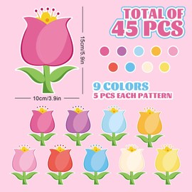 Whaline 45Pcs Spring Tulip Floral Cutouts Colorful Flower Shape Paper Cut Outs with 100Pcs Glue Points 9 Colors Assorted Bulletin Board Decor for DIY Craft Art School Home Party Favor