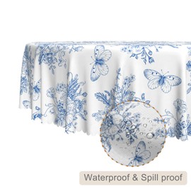 TTQYFNM Blue Floral Round Tablecloth 36 Inch Rustic Butterfly Blue White Flowers Decorative Table Cloth Waterproof Stain Resistant Table Cover for Farmhouse Kitchen Dining Patio Picnic Party Decors