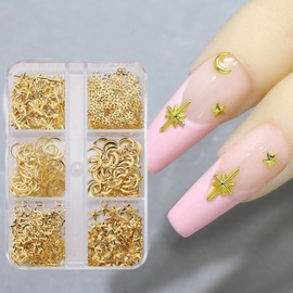 6 Grids Star Nail Charms 3D Gold Stars Moon Nail Art Charms Mix Shape Stars Moon Nail Rhinestones Studs Star Metallic Flat Back Nail Jewelry Nails Art Supplies for Women Acrylic Nail Decoration