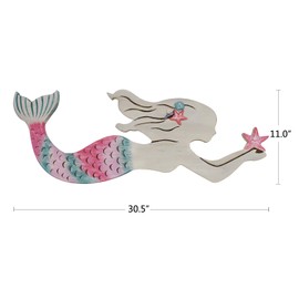 Morning View Wooden Mermaid Wall Decor Nautical Hanging Plaque Sign Wood Mermaid Wall Sculpture Large Coastal Wall Art Rustic Beach Ocean Sea for Bathroom Home House 30.5X11 Inches(Pink)