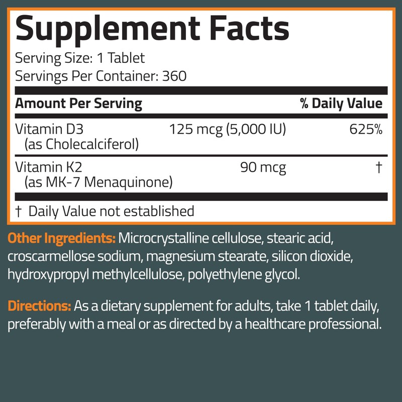 Bronson Vitamin K2 D3 (MK7) Supplement Non-GMO Formula Vitamin D3