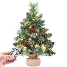 Yorbay Mini Christmas Tree with LED Lighting and White Snow, 40 cm Christmas Tree with Star Tree Topper and Real Pine Cone, for Christmas Decoration, Advent