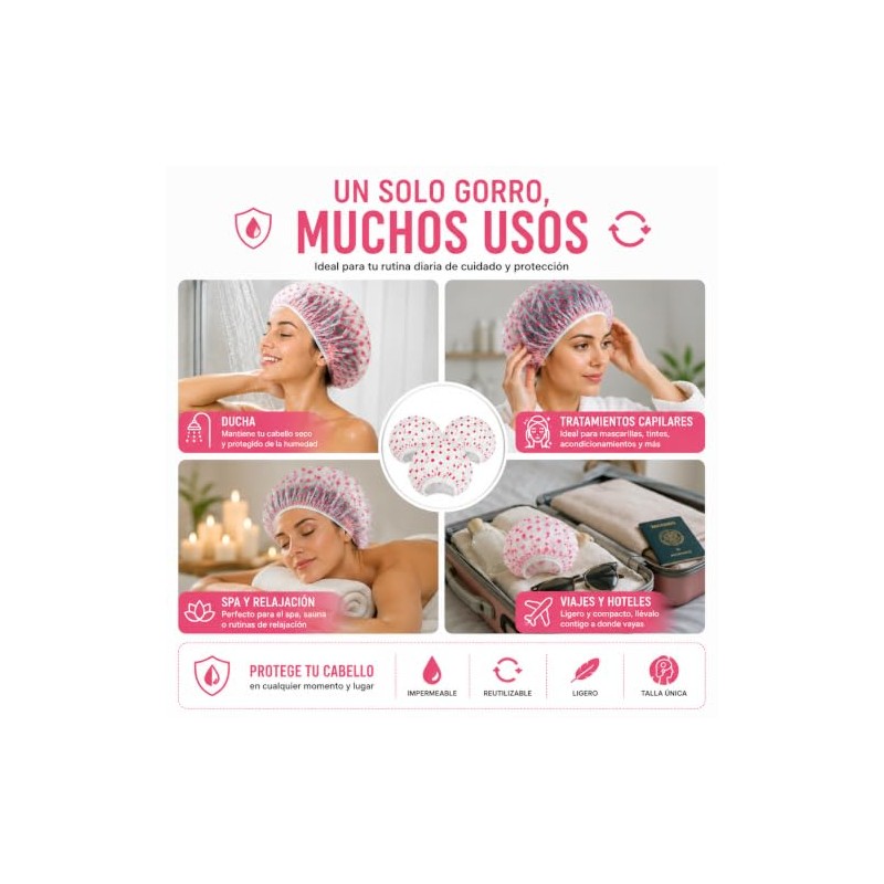 Set de 3 Gorros para Baño Impermeables, Gorra de Ducha