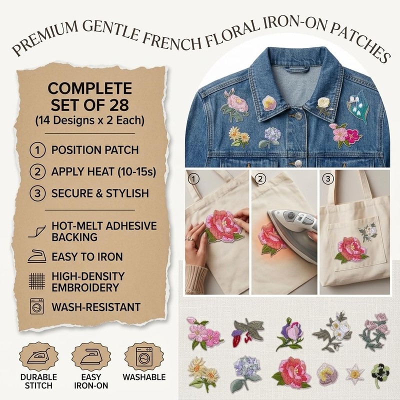 28PCS Mini Flower Embroidery Iron on Patches for Clothing Sewing