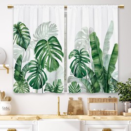 Cortinas de cocina con hojas tropicales verdes de planta de verano, cortinas cortas de café con hojas de Monstera y palmera, cortinas para ventana de baño, tratamiento de ventana con cortinas