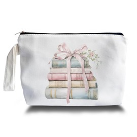 ARPTCN Pink Bow Makeup Bag - Preppy Makeup Bag, Coquette Stack of Book with Ribbon Bow, Book with Ribbon Bow Themed Lover Gifts for Girls Mom Women
